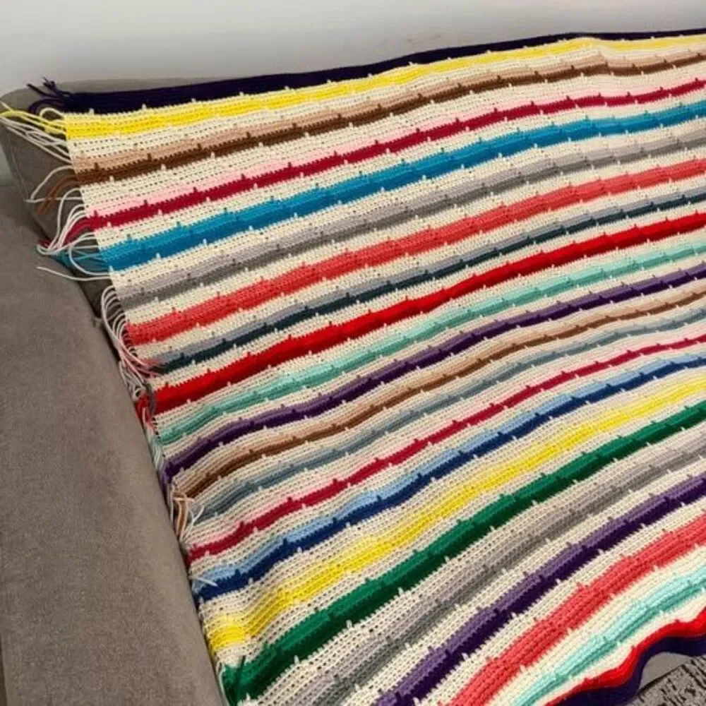 Handmade Multi-Color Striped Crochet Blanket